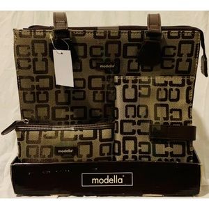 New Modella 3 Pcs Brown Tote Set Purse Handbag Wallet Cosmetic Bag Double Handle